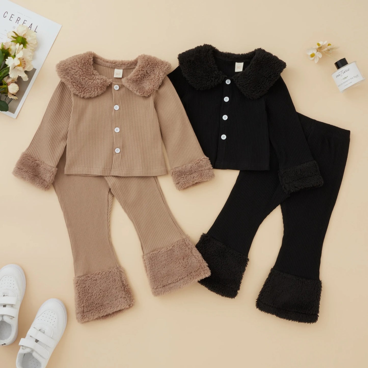 Girls’ Plush Lapel Shirt & Pants Set – Cozy Cotton-Linen Outfit