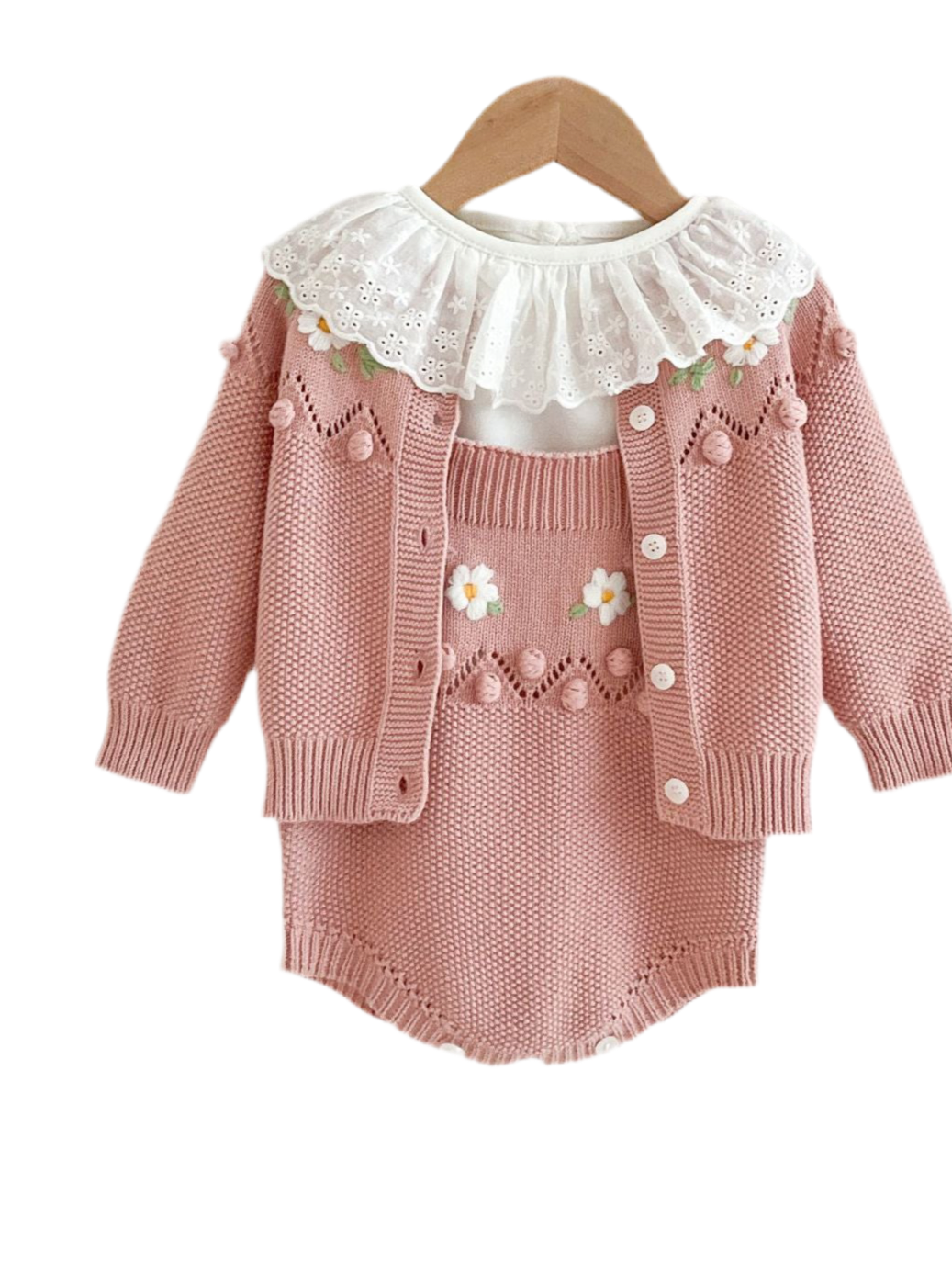 Newborn Handmade Flower Knit Set – Cardigan & Romper | 0–3Y ( Sold Separately)