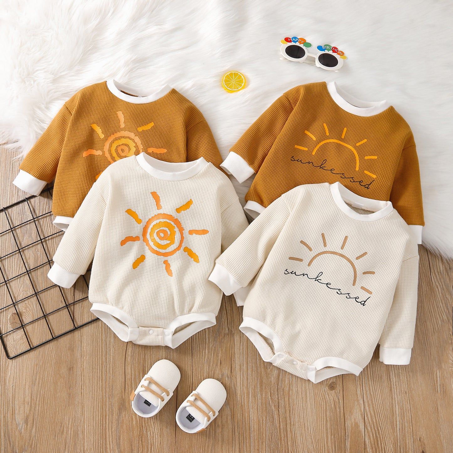 Kids Waffle Cotton Long Sleeve Romper – Multiple Prints | 6–24 Month