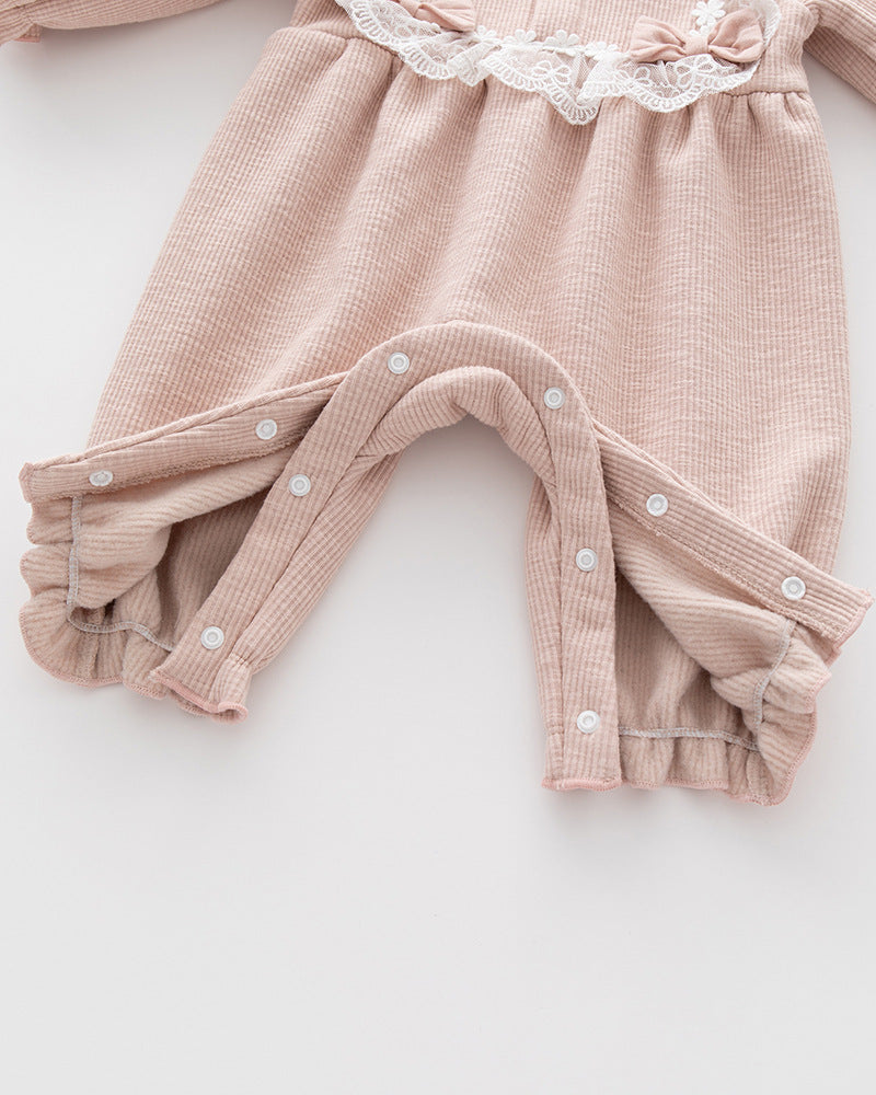 Cozy Fleece-Lined Baby Girl Jumpsuit – Cotton Pullover with Bows (Autumn/Winter)