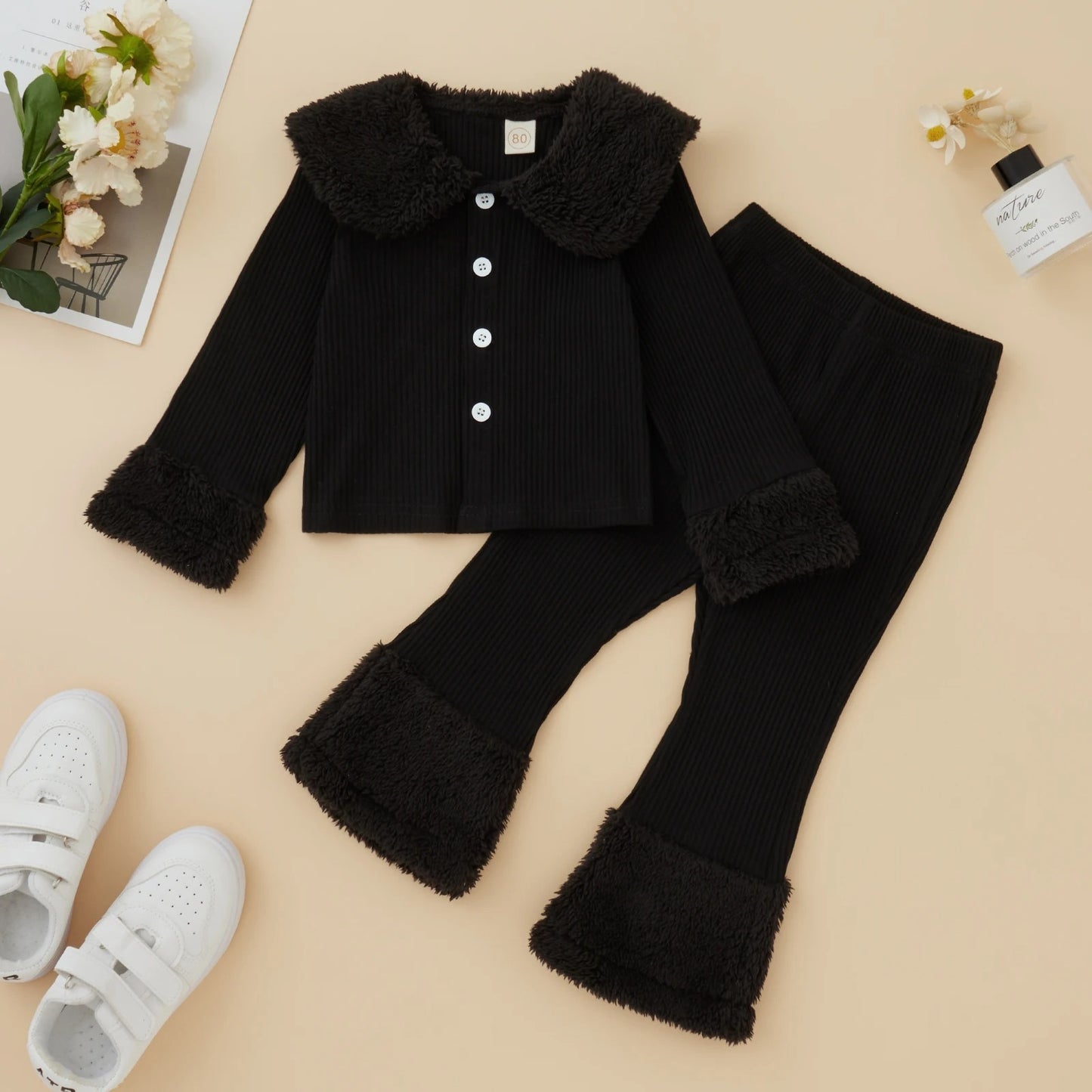 Girls’ Plush Lapel Shirt & Pants Set – Cozy Cotton-Linen Outfit