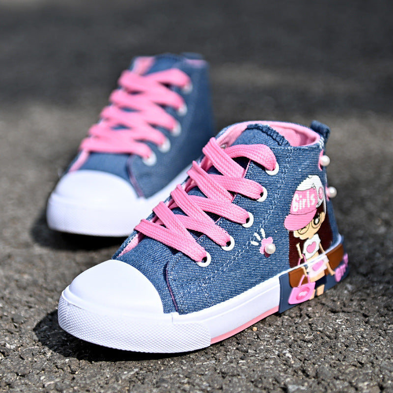 Girls’ High-Top Canvas Sneakers – Cartoon Print | Sizes 27–38