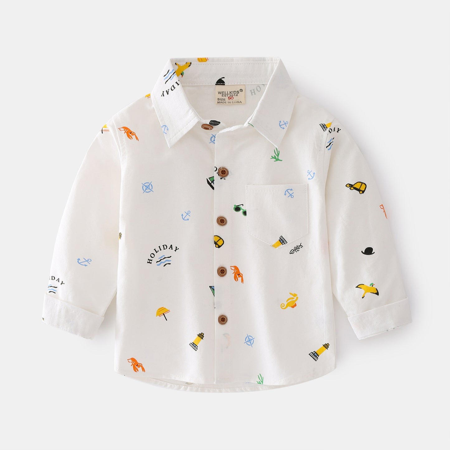 Boys’ Cartoon Print Long Sleeve Lapel Shirt – Casual Oxford Cotton Shirt (Ages 2–8)