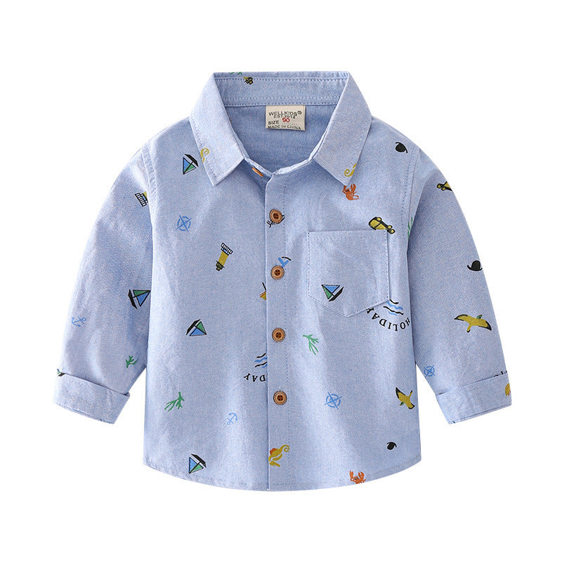 Boys’ Cartoon Print Long Sleeve Lapel Shirt – Casual Oxford Cotton Shirt (Ages 2–8)