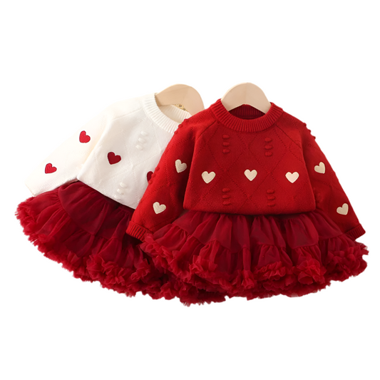Heart Knit Sweater & Red Tulle Skirt