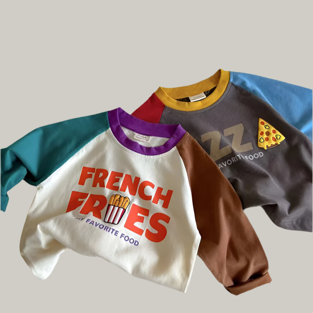Trendy Cartoon Food Print Cotton T-Shirt – Boys & Girls Long Sleeve Top