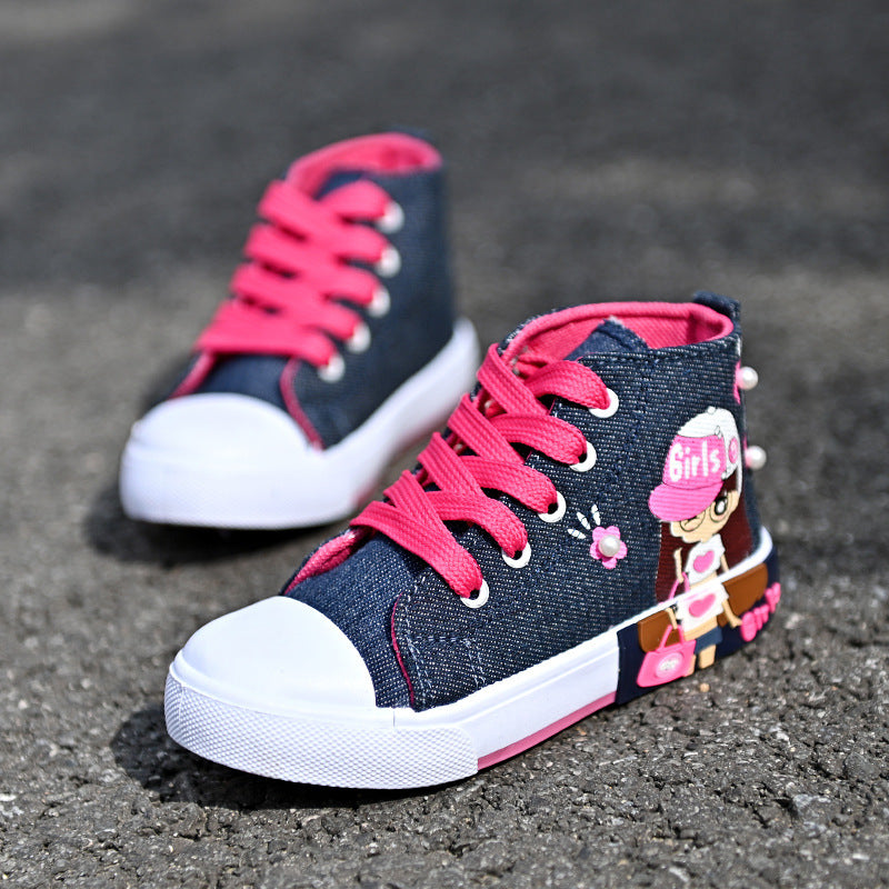 Girls’ High-Top Canvas Sneakers – Cartoon Print | Sizes 27–38