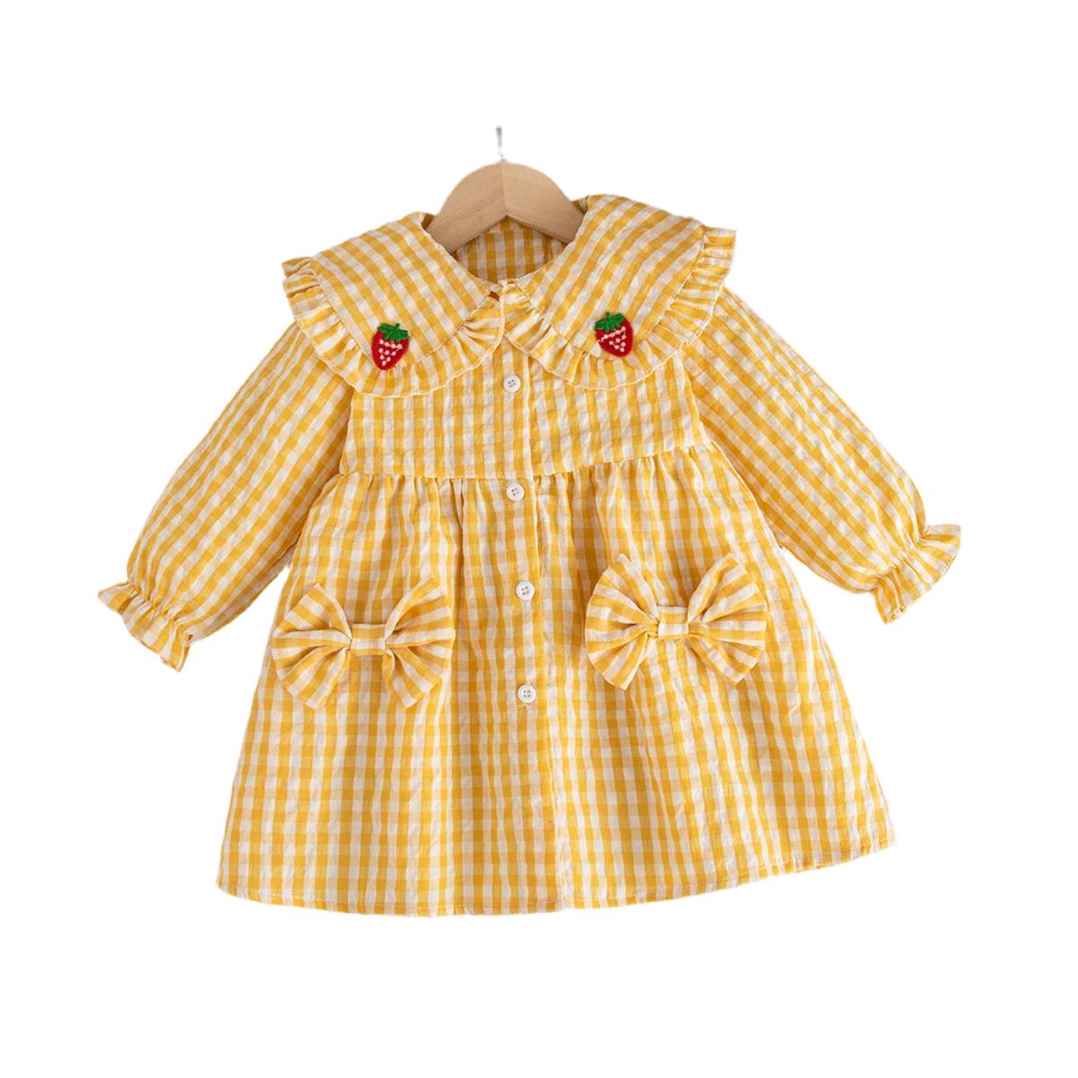 Sweet Strawberry Baby Girl Dress – Yellow Checkered, Long Sleeve (6M–3Y)