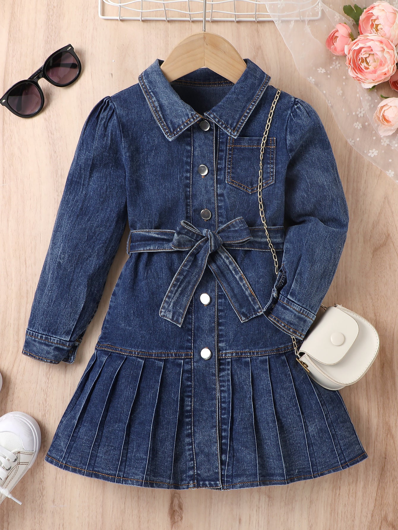 Girls’ Pleated Denim Cardigan Dress with Bow Belt – Two-Piece Set