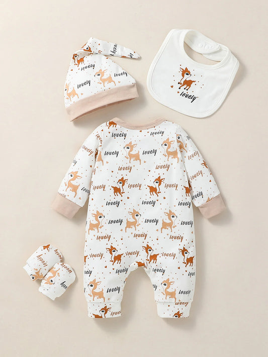 4PCS Baby Jumpsuit Set with Bib, Hat & Gloves – Unisex Animal Print