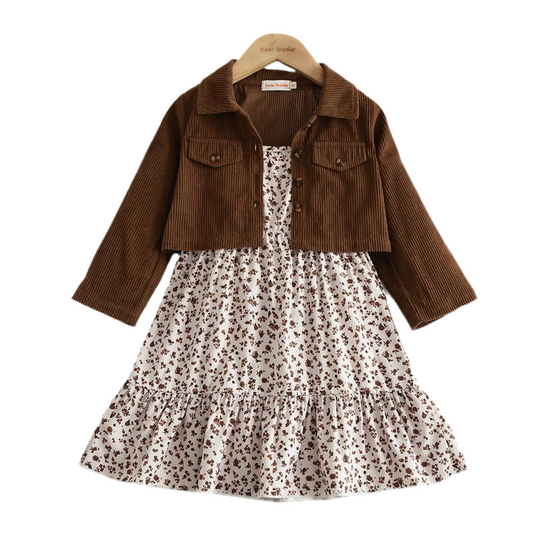 Girls Autumn Jacket + Floral Dress Set (3–7Y)