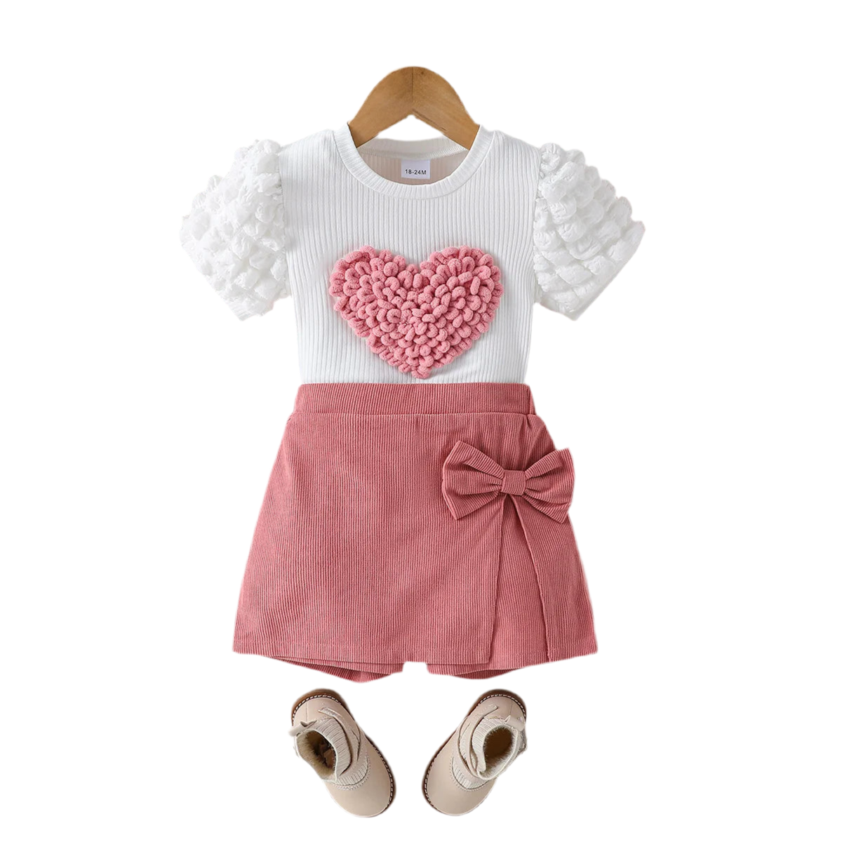Toddler Girl Heart Puff-Sleeve Top & Pink Bow Shorts Set (1–6Y)