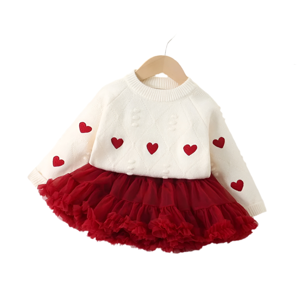 Heart Knit Sweater & Red Tulle Skirt