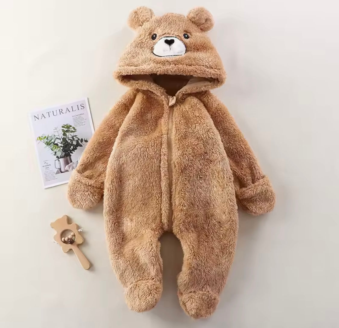 Warm Hooded Baby Jumpsuit – Plush Footed Romper for Autumn & Winter