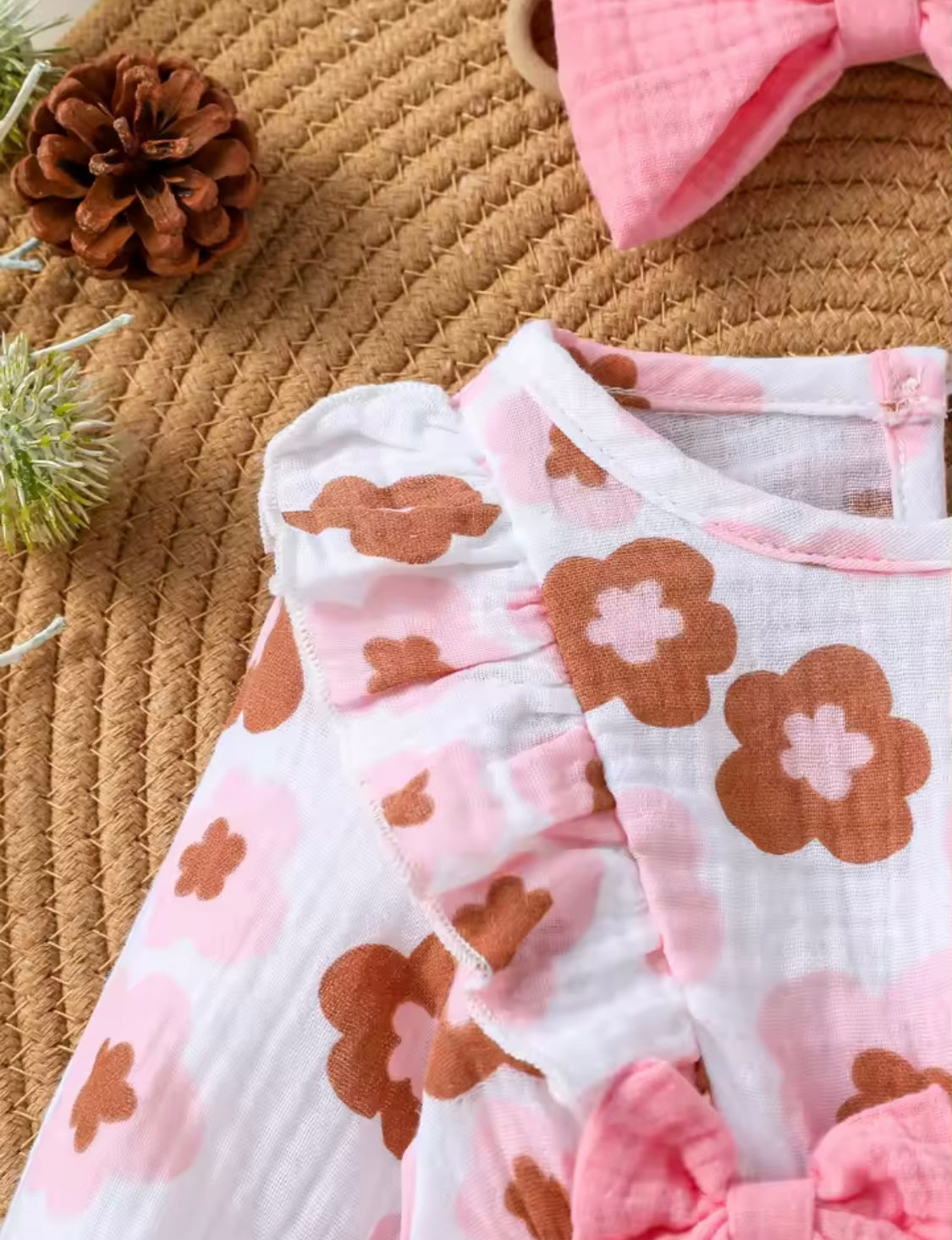 Baby Girl Floral Jumpsuit with Bow & Matching Headband – 0–18M