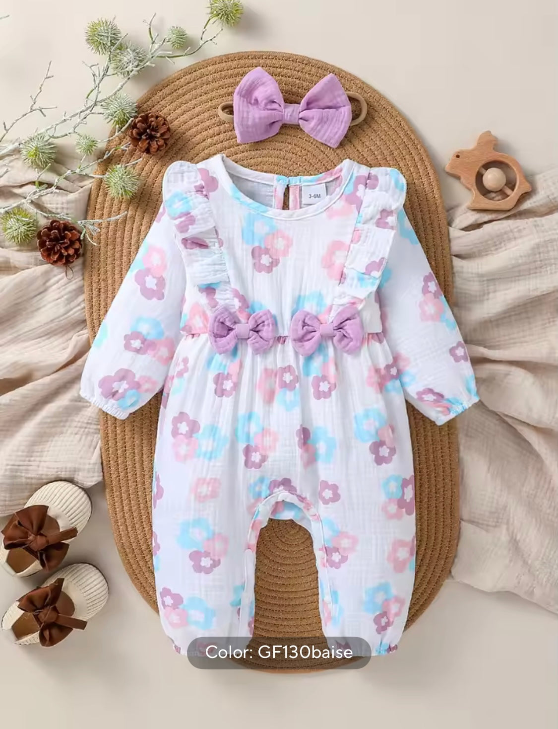 Baby Girl Floral Jumpsuit with Bow & Matching Headband – 0–18M