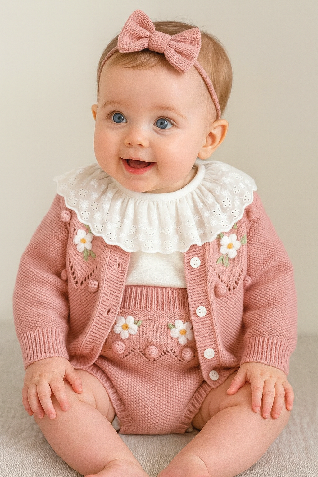 Newborn Handmade Flower Knit Set – Cardigan & Romper | 0–3Y ( Sold Separately)