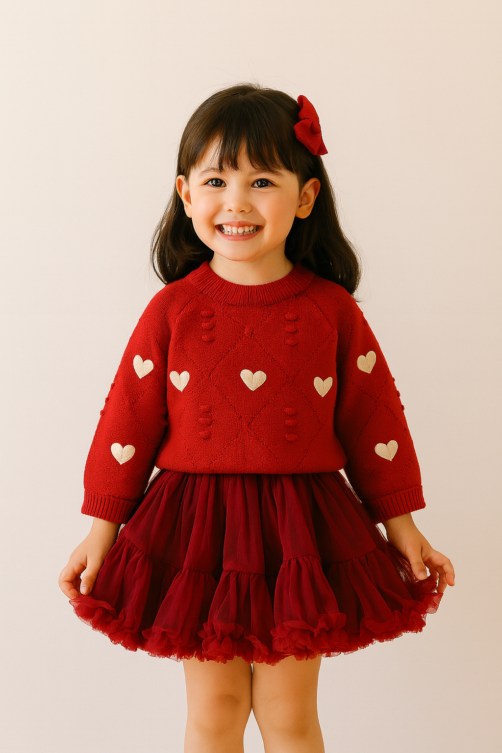 Heart Knit Sweater & Red Tulle Skirt