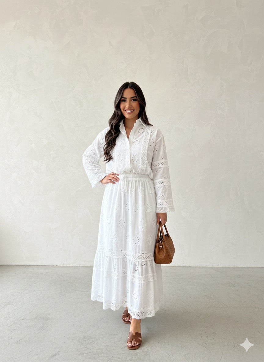 Embroidery Hollow Out Shirt & Skirt Set