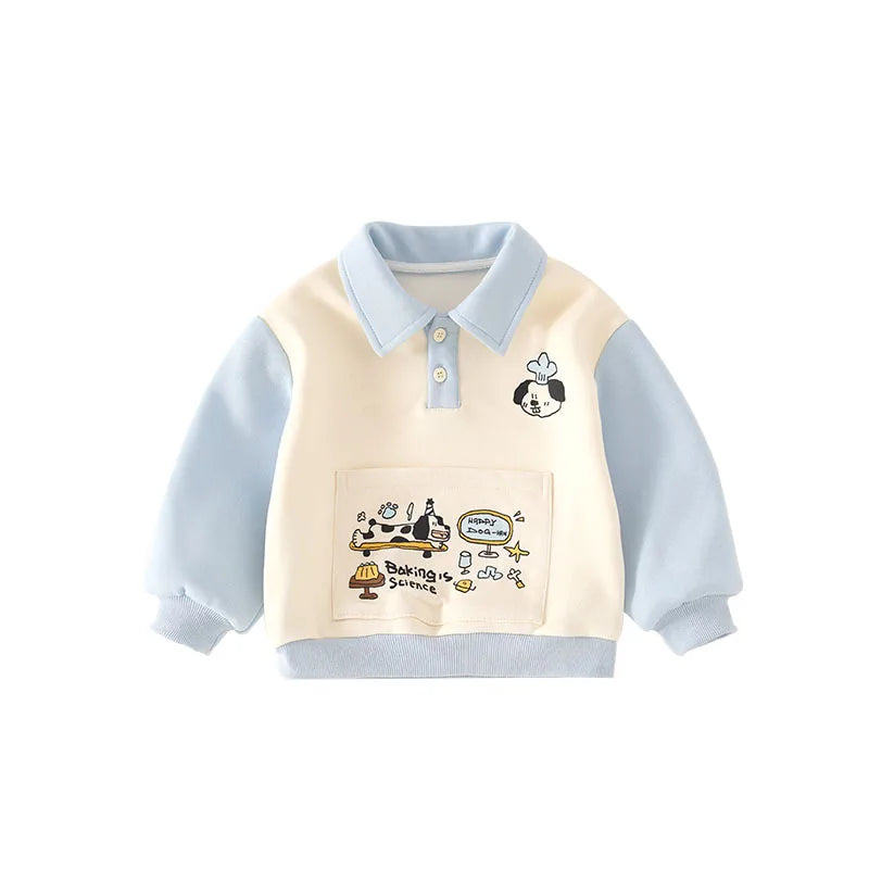 Baby Boy Autumn Cartoon Sweatshirt with Pocket Patchwork