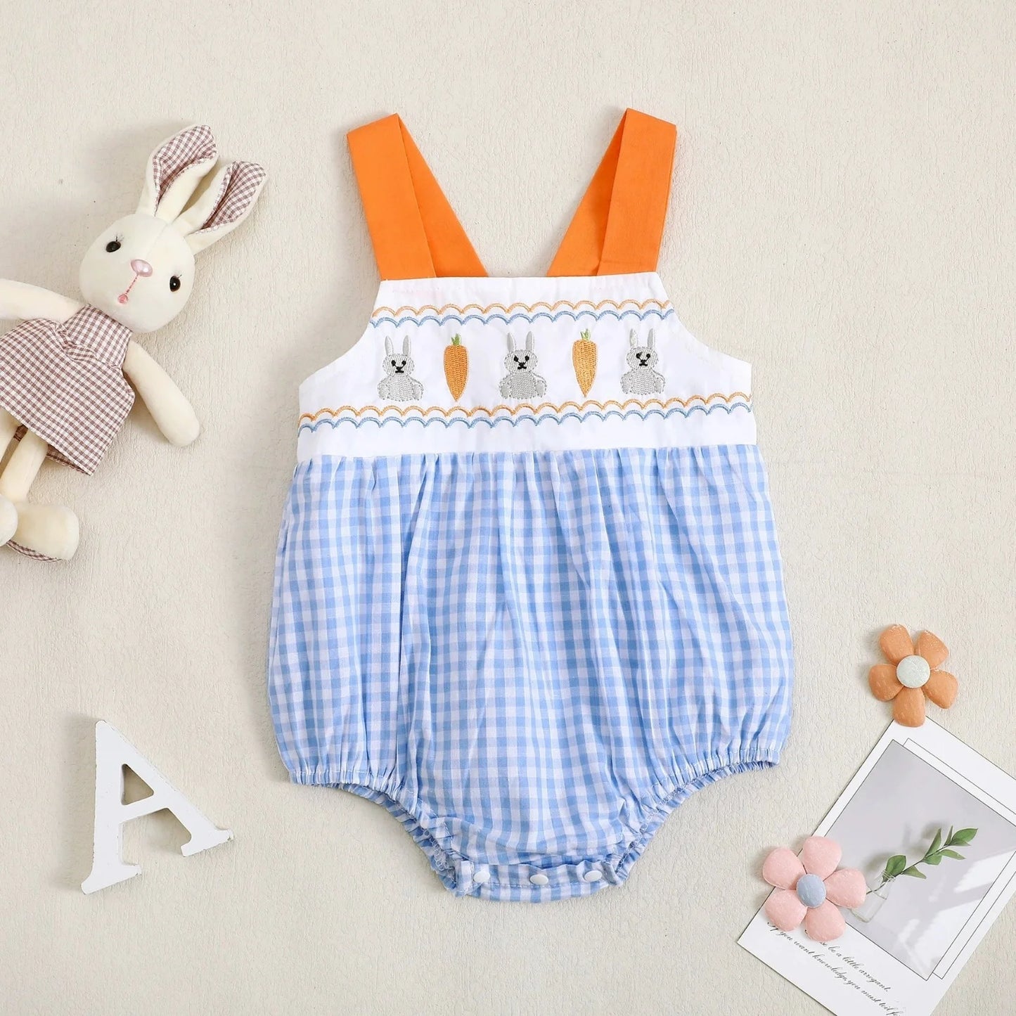 Summer Carrot & Rabbit Print Romper – Sleeveless Bodysuit for Girls