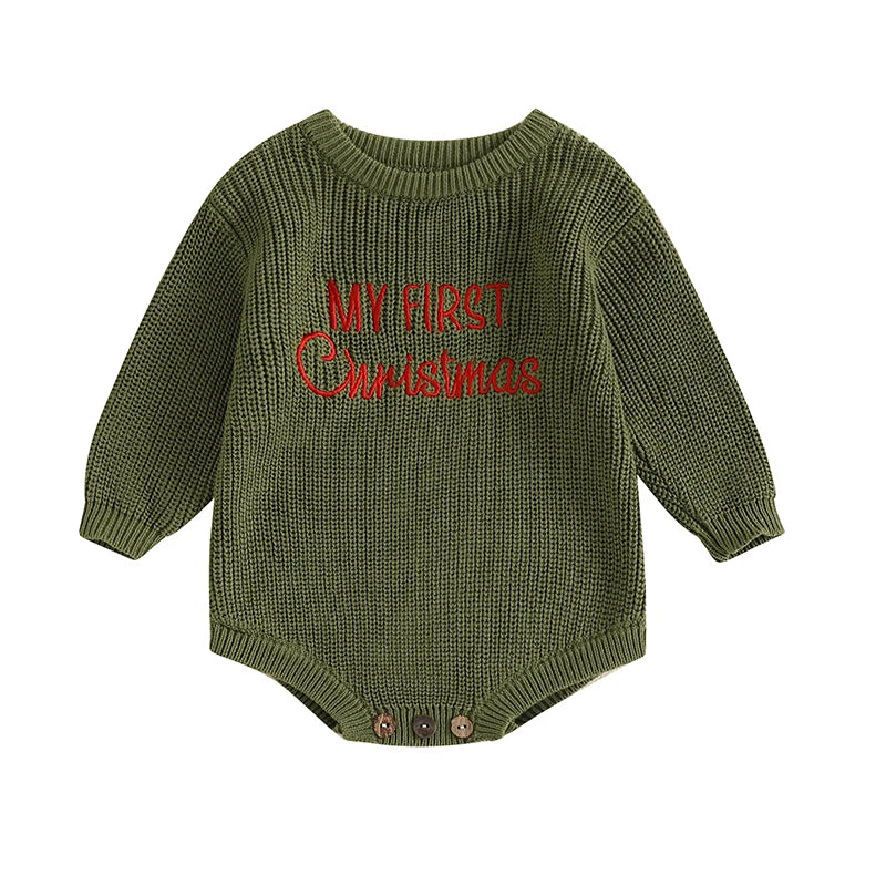 Baby Knit Christmas Romper – Letter Embroidered Long Sleeve Jumpsuit