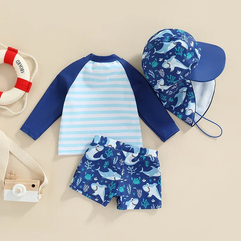 Toddler Boys Shark Print Rash Guard Swimwear Set – UPF 50+