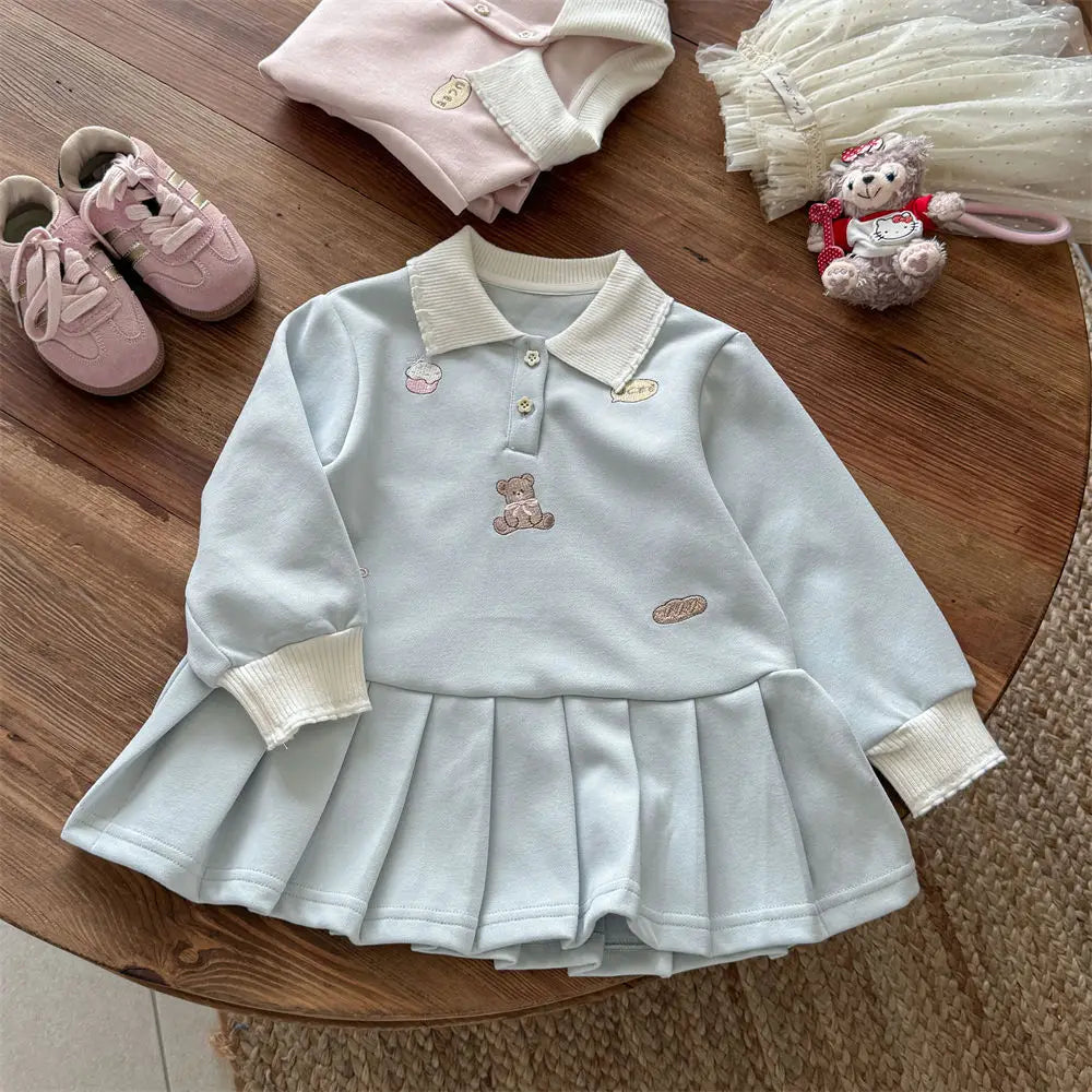 Toddler Girls Autumn Polo Dress – Cartoon Embroidery