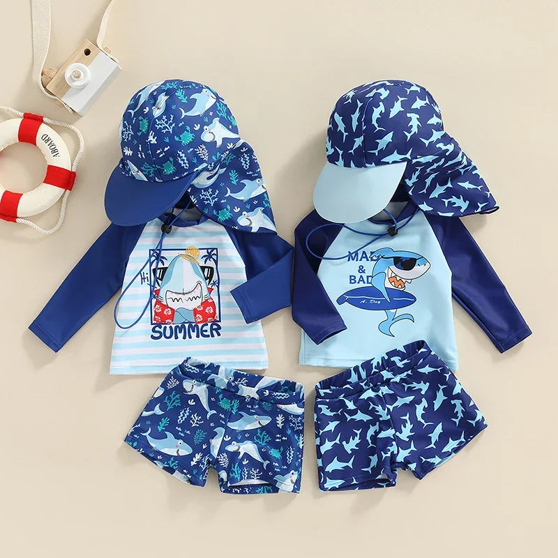 Toddler Boys Shark Print Rash Guard Swimwear Set – UPF 50+