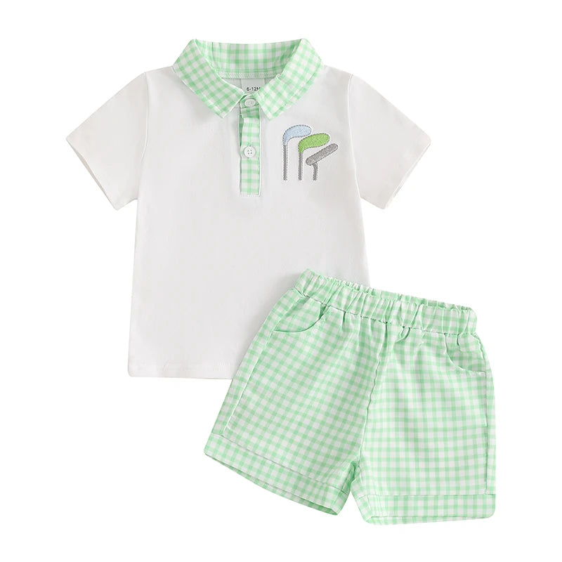 Baby Boy 2-Piece Summer Outfit – Golf Club Embroidered Shirt & Plaid Shorts