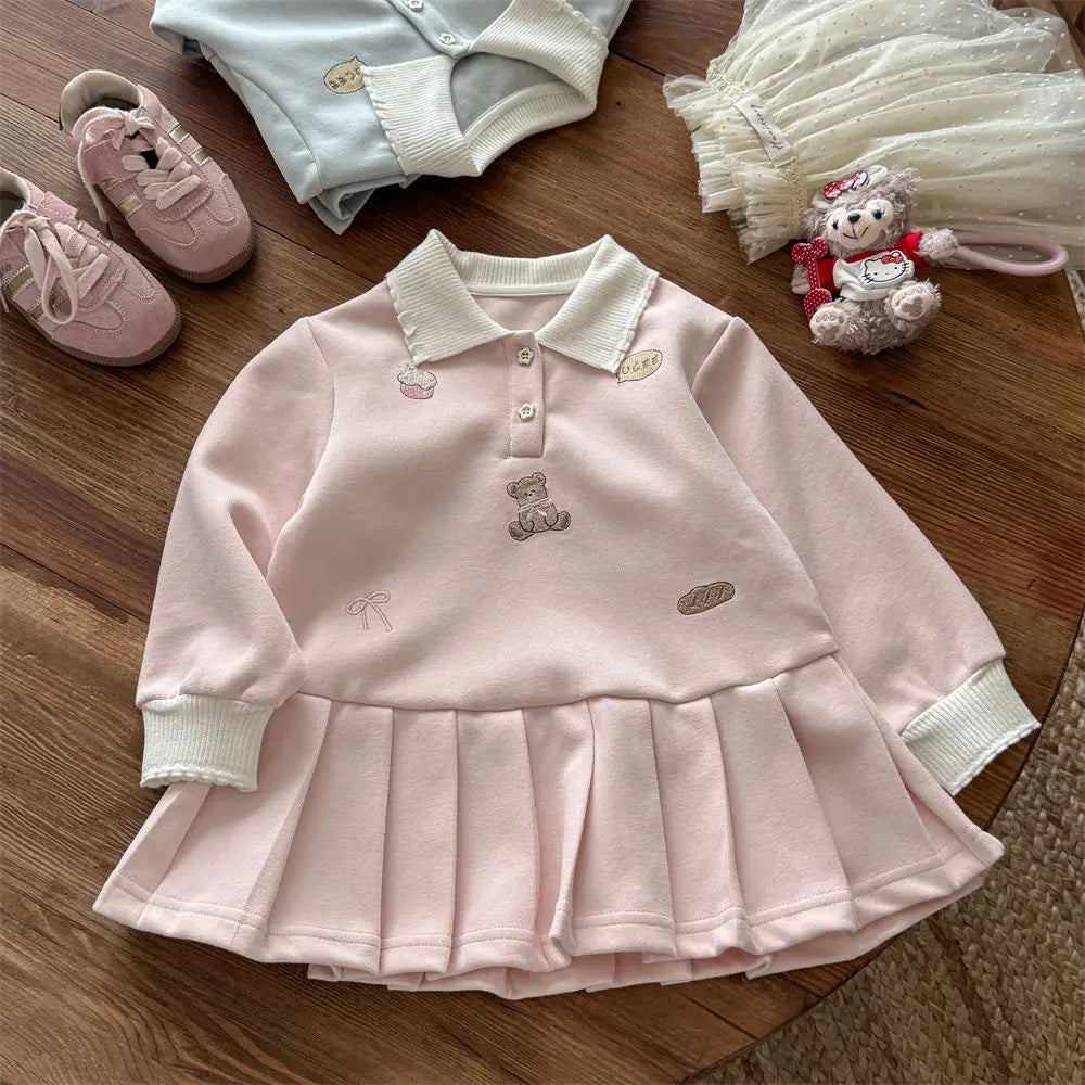 Toddler Girls Autumn Polo Dress – Cartoon Embroidery