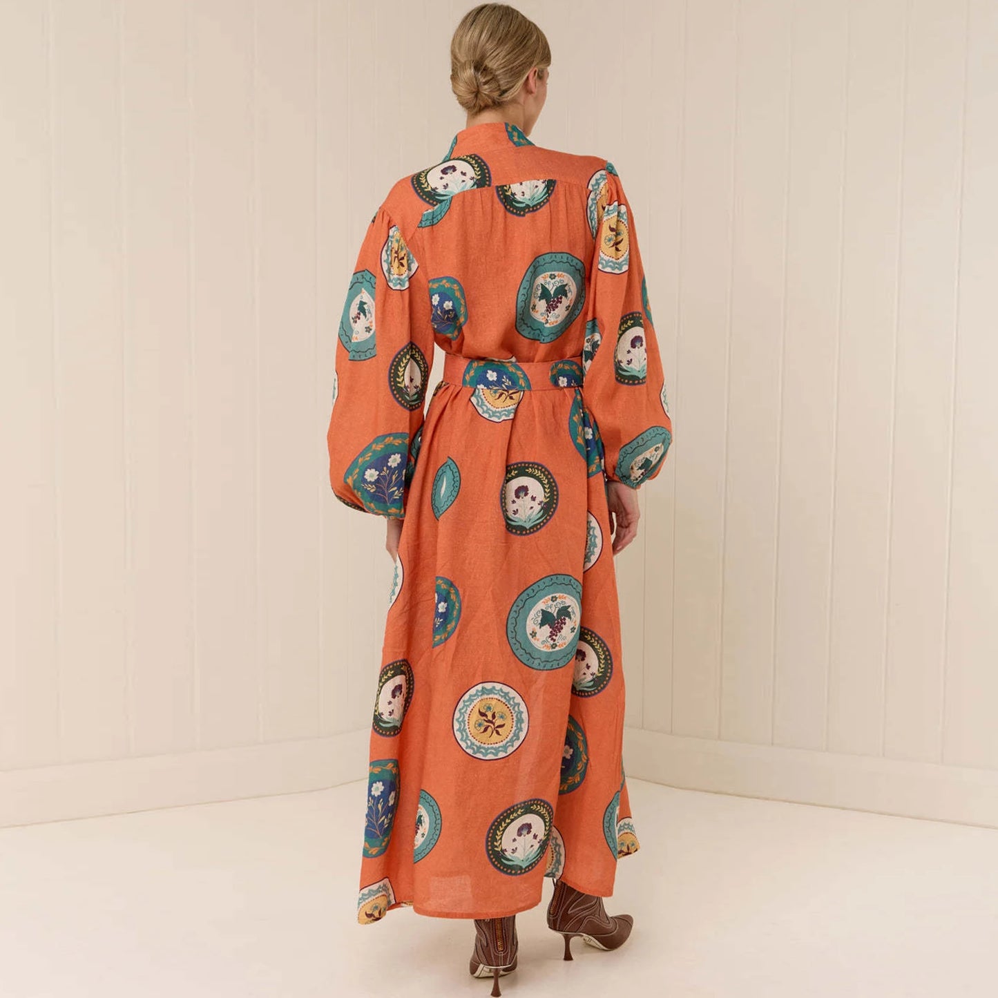 Women’s Orange Floral Print Belted Cotton-Linen Dress