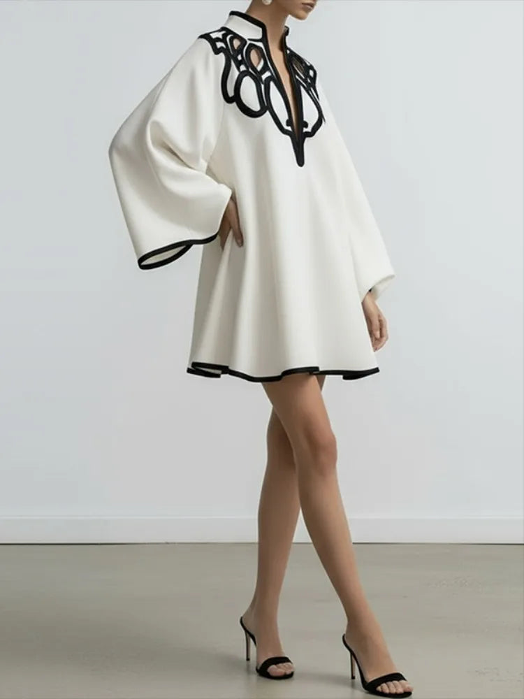 Hollowed V-Neck Mini Dress – Flared Sleeves A-Line Dress -White