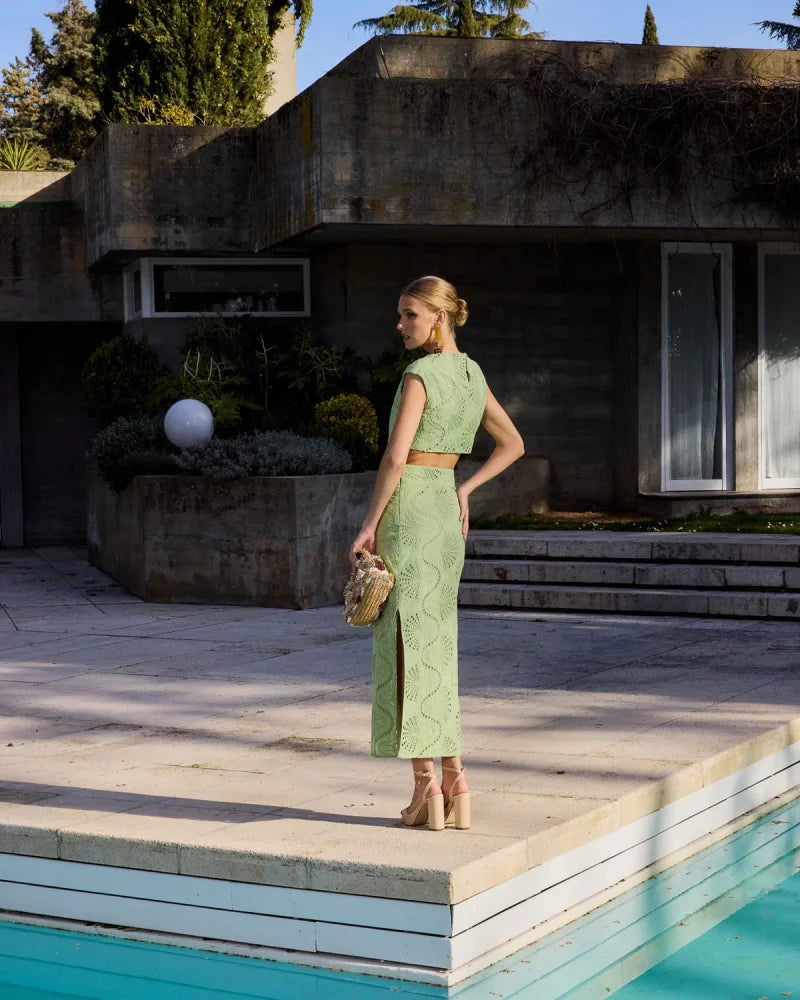 Women’s Elegant Hollow Embroidery Round Neck Jacket & High Waist Slit Skirt Set