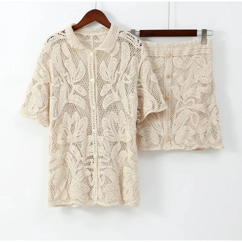 Women’s Hollow Out Knitted Skirt 2-Piece Set – V-Neck Top & Mini Skirt