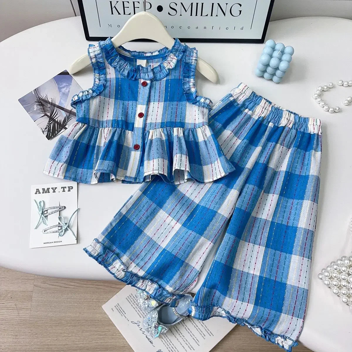 Girls’ Checkered Outfit Set – Sleeveless Top & Wide-Leg Pants