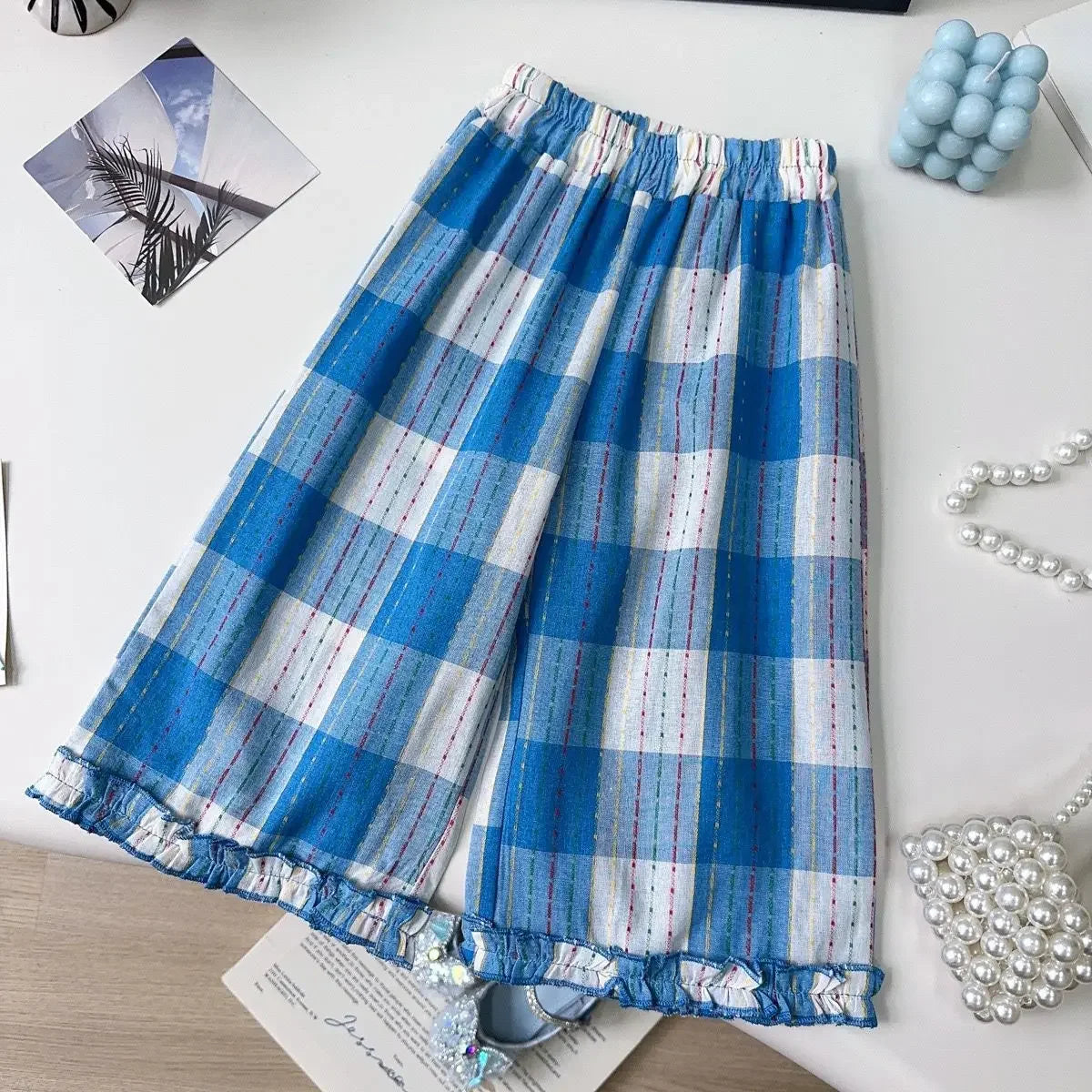 Girls’ Checkered Outfit Set – Sleeveless Top & Wide-Leg Pants
