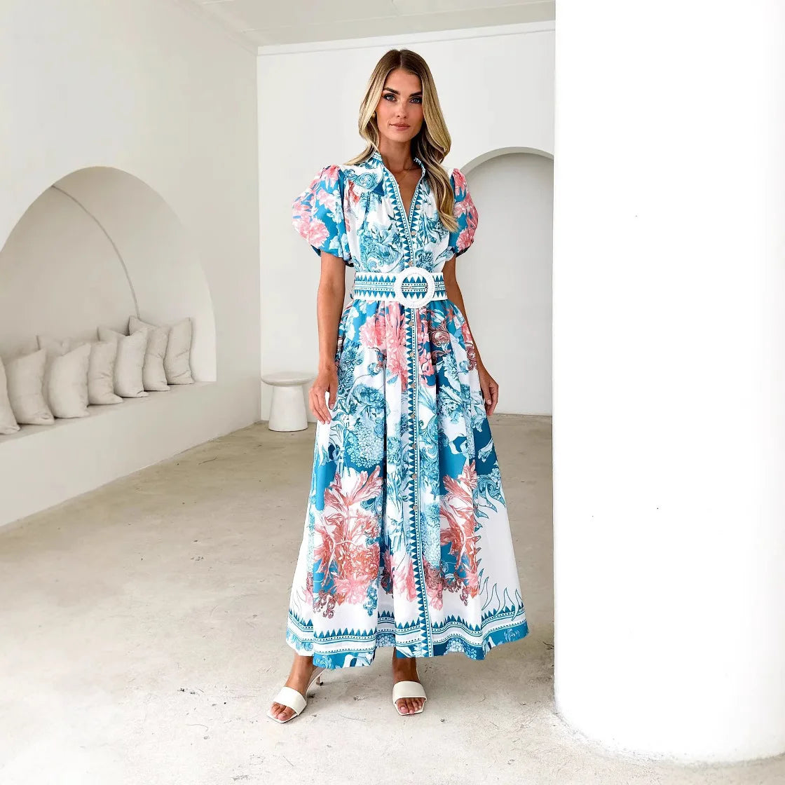 Summer Women’s Casual Tie-Print Long Dress – Loose Pleated Style