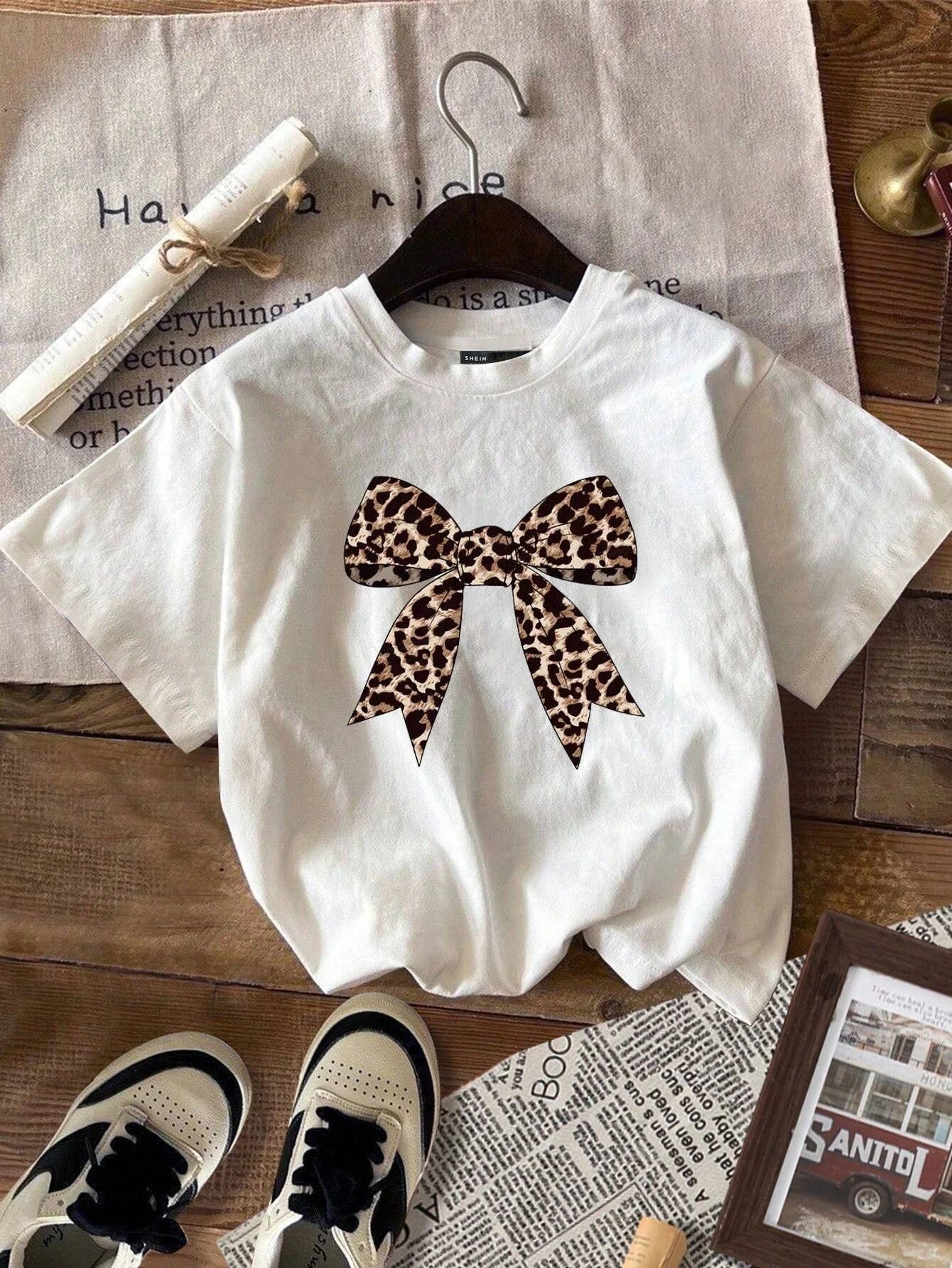 Girls Leopard Print Bowknot T-shirt