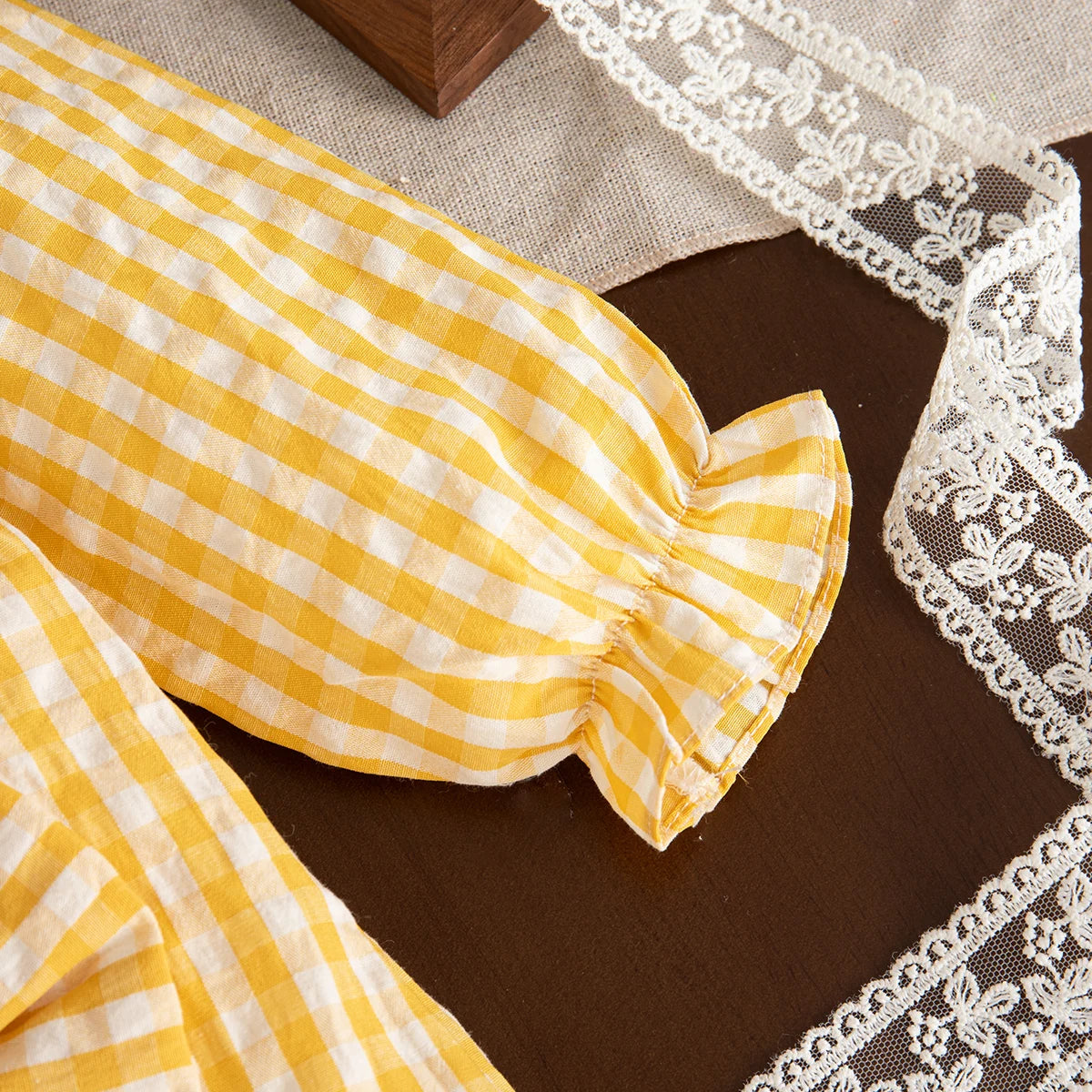Sweet Strawberry Baby Girl Dress – Yellow Checkered, Long Sleeve (6M–3Y)