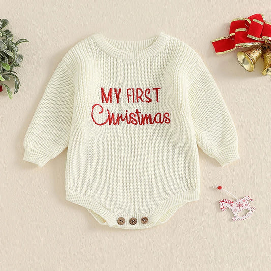Baby Knit Christmas Romper – Letter Embroidered Long Sleeve Jumpsuit
