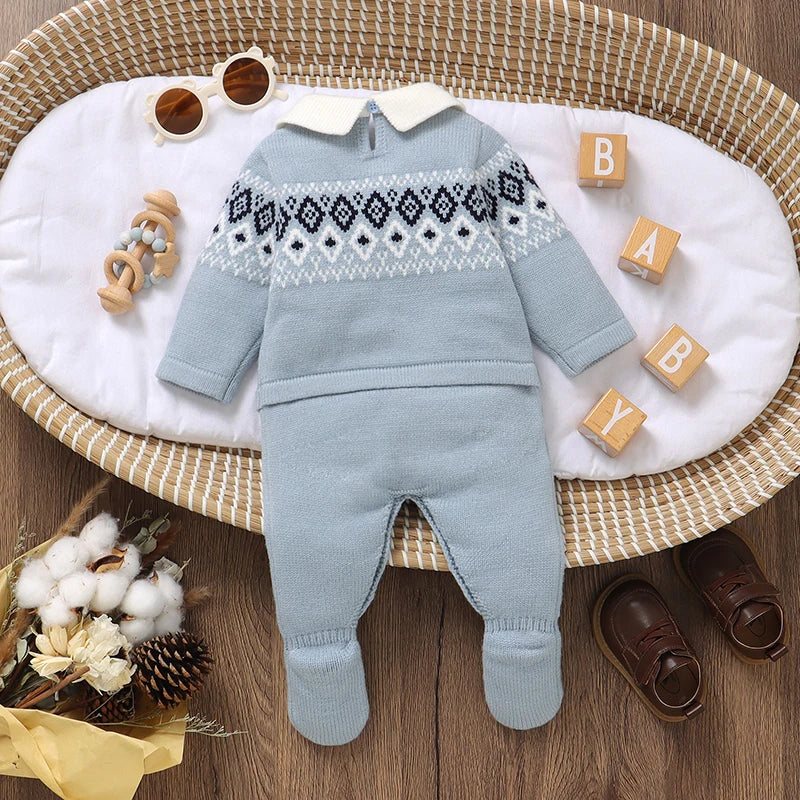 Geometric Knitted Baby Romper – Turn-Down Collar & Footed Design