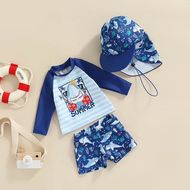 Toddler Boys Shark Print Rash Guard Swimwear Set – UPF 50+