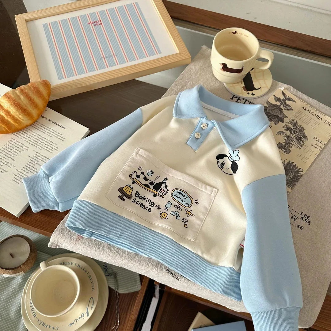 Baby Boy Autumn Cartoon Sweatshirt with Pocket Patchwork