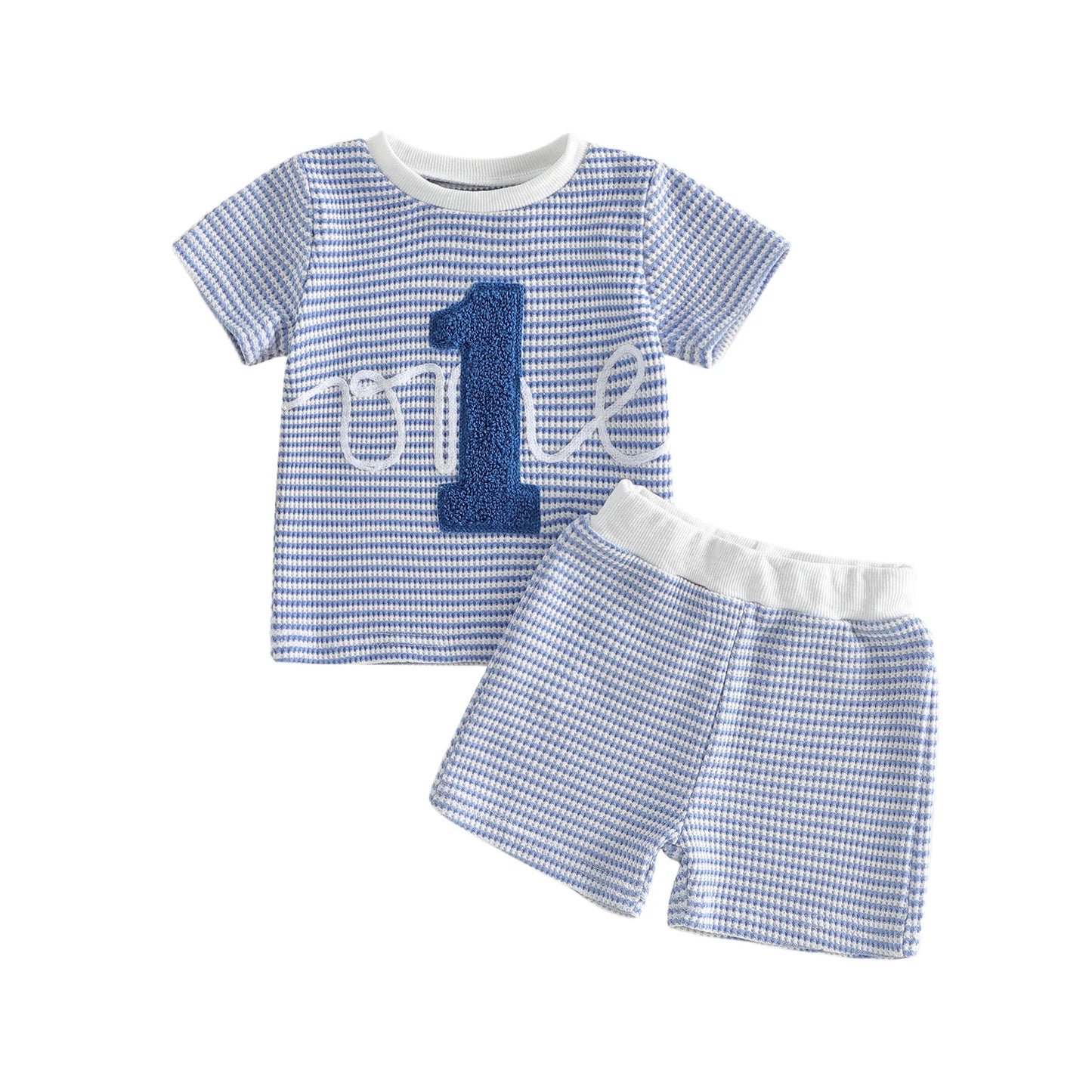 Baby Boy First Birthday Outfit- Number Embroidery Striped Top & Shorts Set