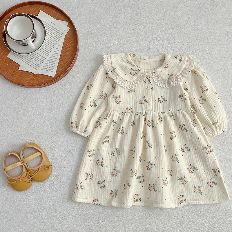 Autumn Floral Cotton Princess Dress with Lace Collar – Girls