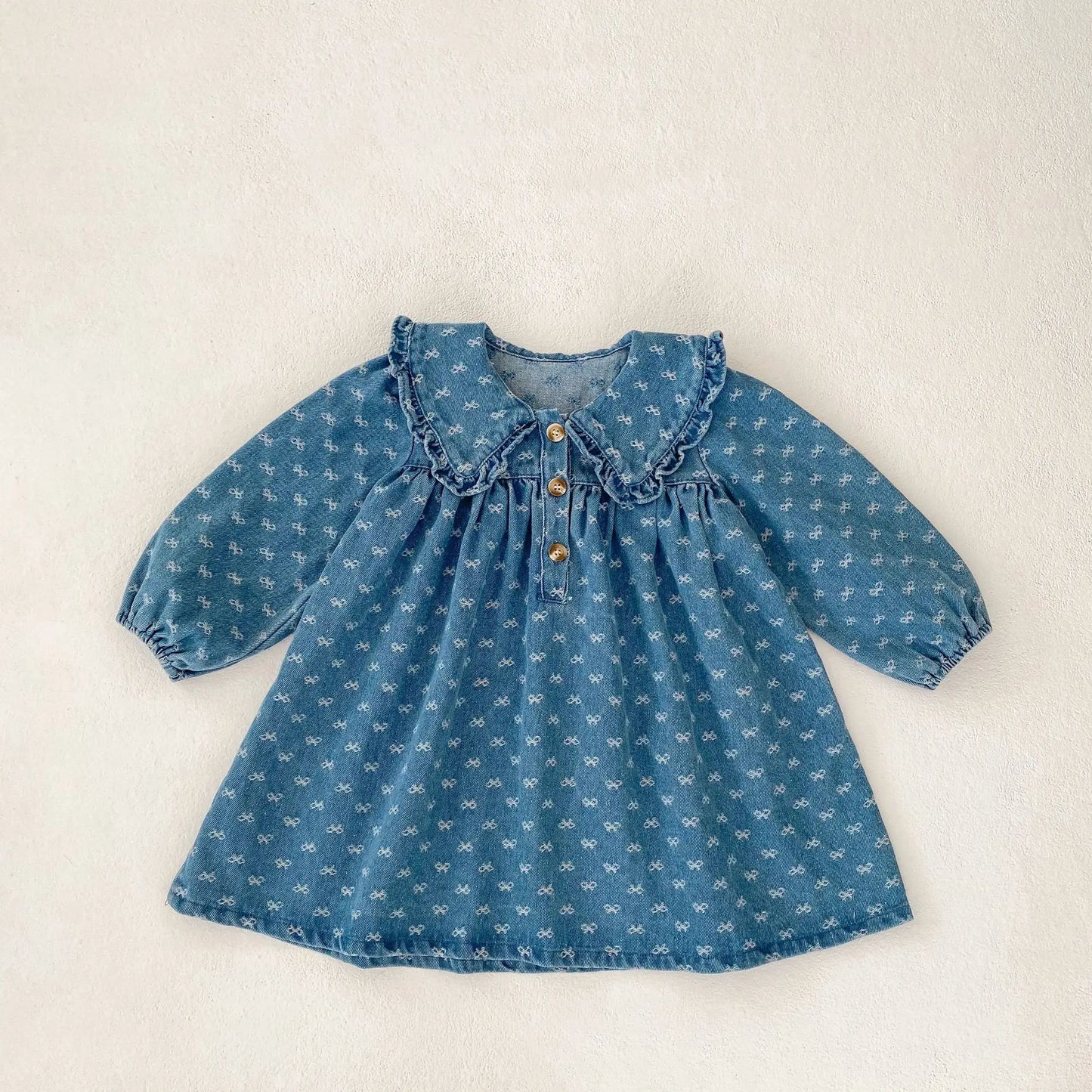 Baby Girl Bow Embroidered Long Sleeve Denim Dress