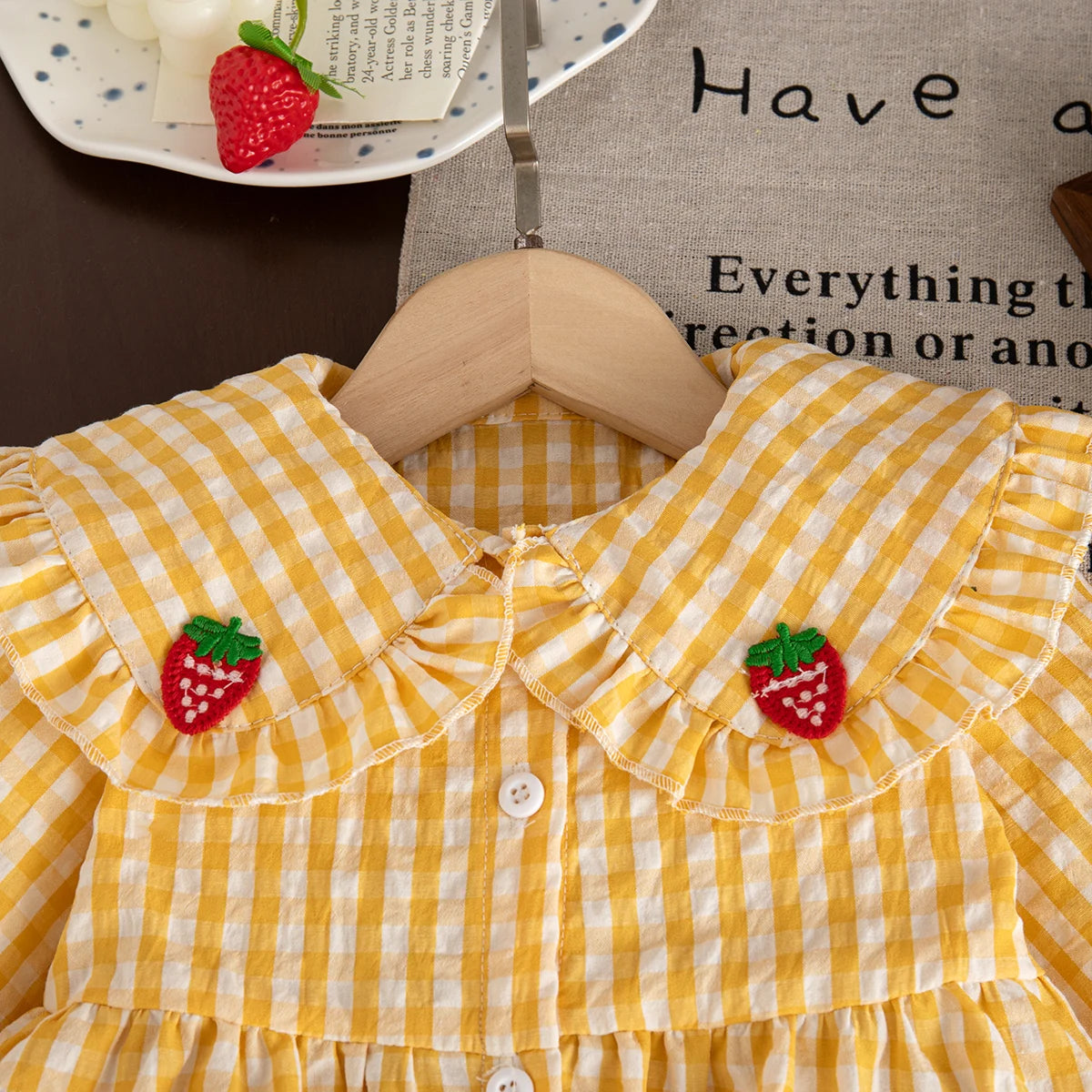 Sweet Strawberry Baby Girl Dress – Yellow Checkered, Long Sleeve (6M–3Y)