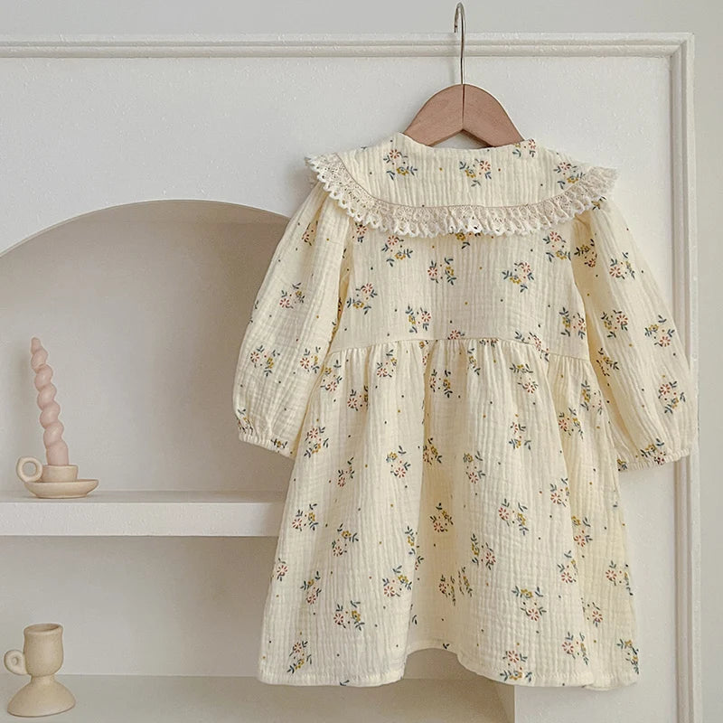 Autumn Floral Cotton Princess Dress with Lace Collar – Girls