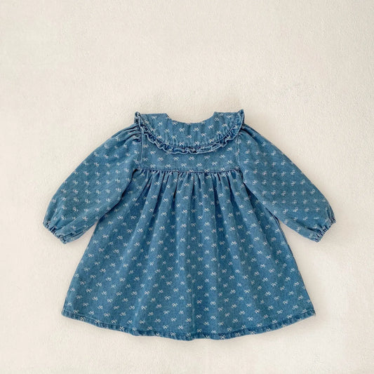 Baby Girl Bow Embroidered Long Sleeve Denim Dress